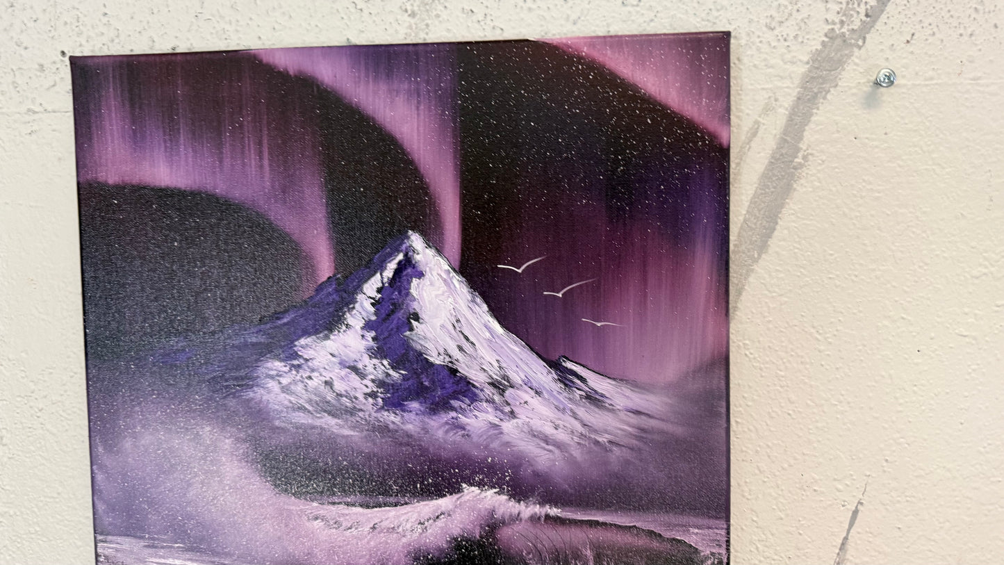 Painting #2256 - 16x20" Canvas - Aurora Mountain Seascape painted 1-25-26