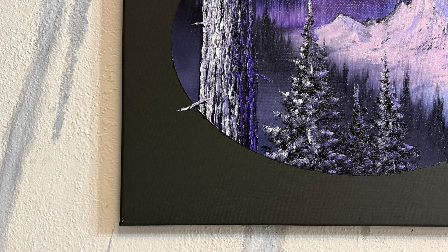 Painting #2353 - 16x20" Canvas - Oval Northern Lights Mountain painted 3-23-26