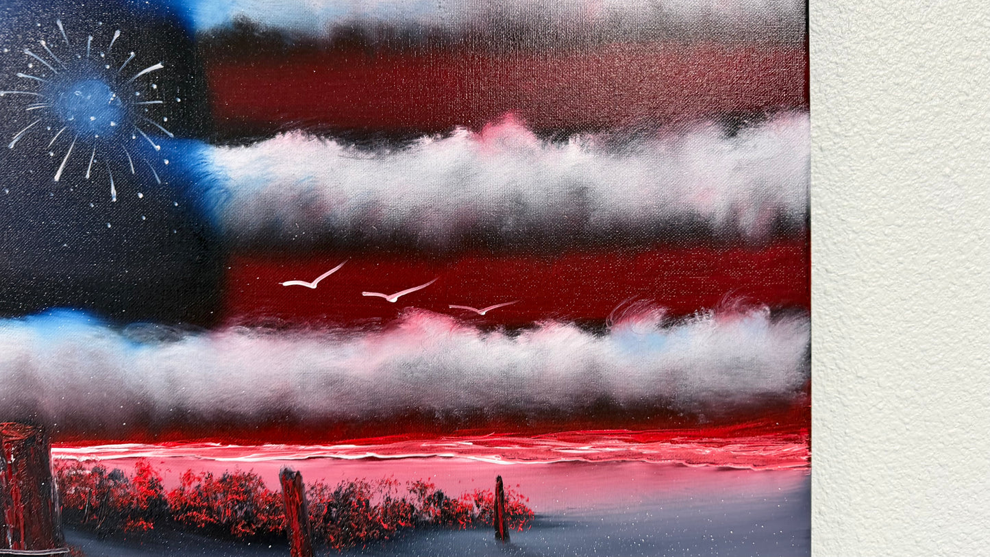 Painting #2504 - 16x20" Canvas - American Flag Seascape painted 7-5-26