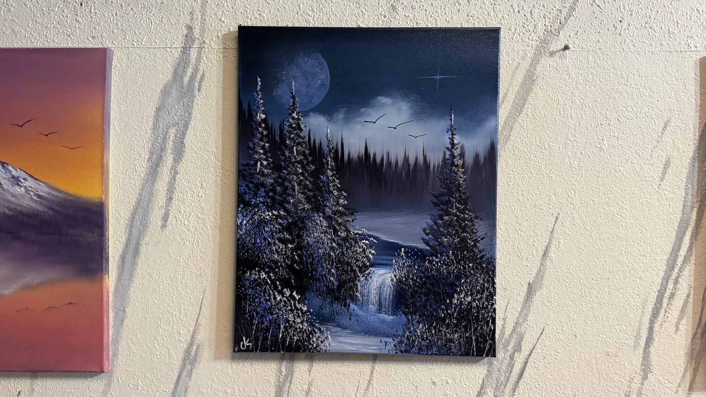 Painting #2252 - 16x20" Canvas - Full Moon Mountain Landscape painted 1-23-26