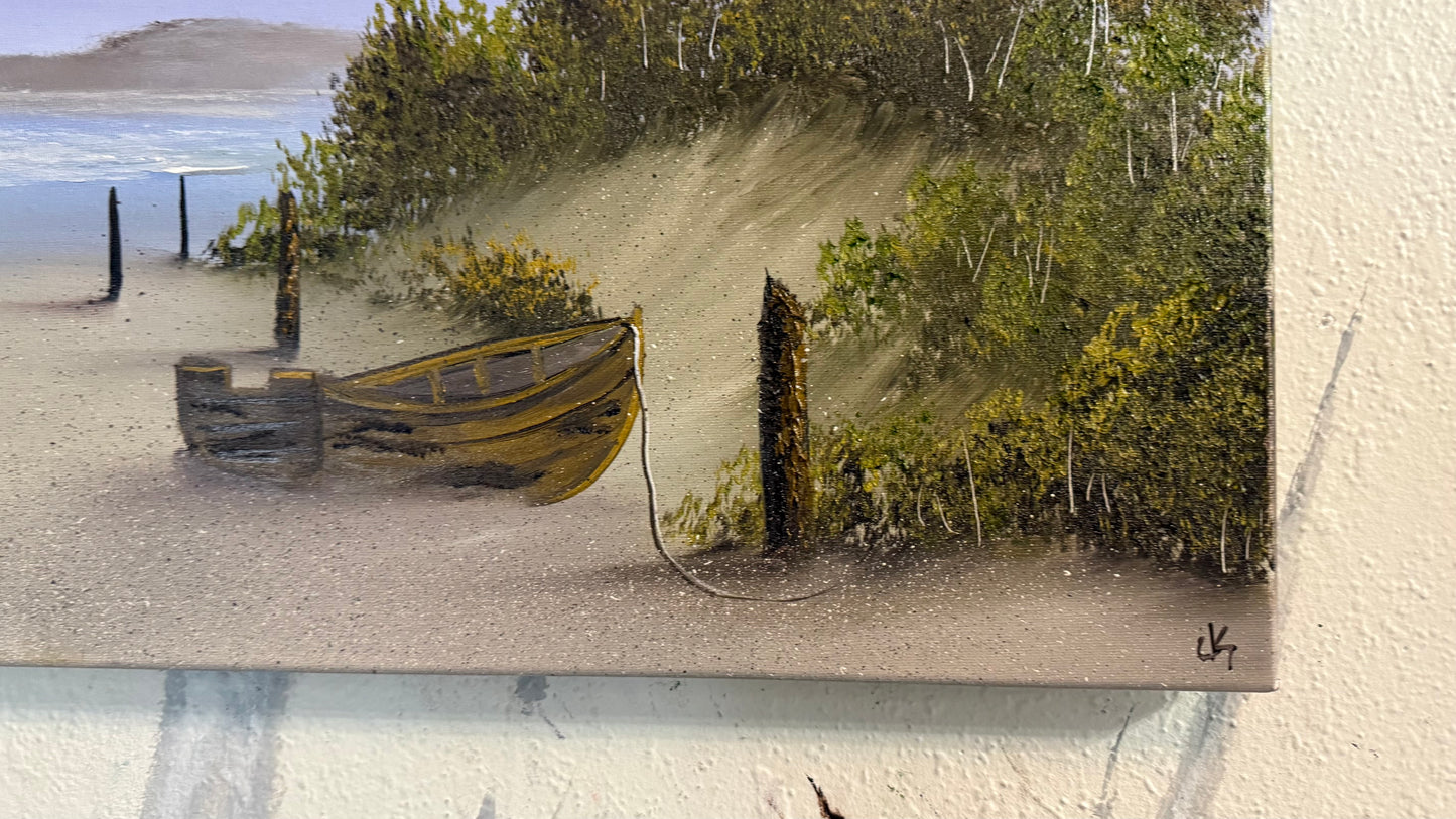 Painting #2423 - 16x20" Canvas - Kite Flying Seascape with Old Row Boat painted 5-2-26