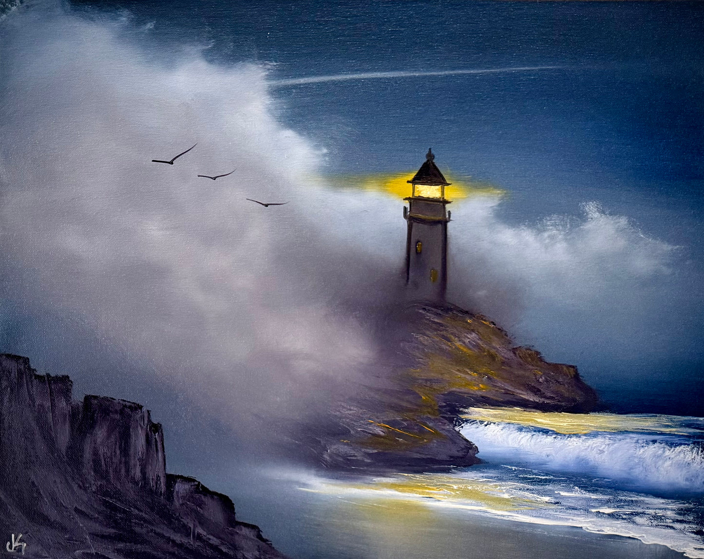 Painting #2230 - 16x20" Canvas - Lighthouse Seascape painted 1-10-26