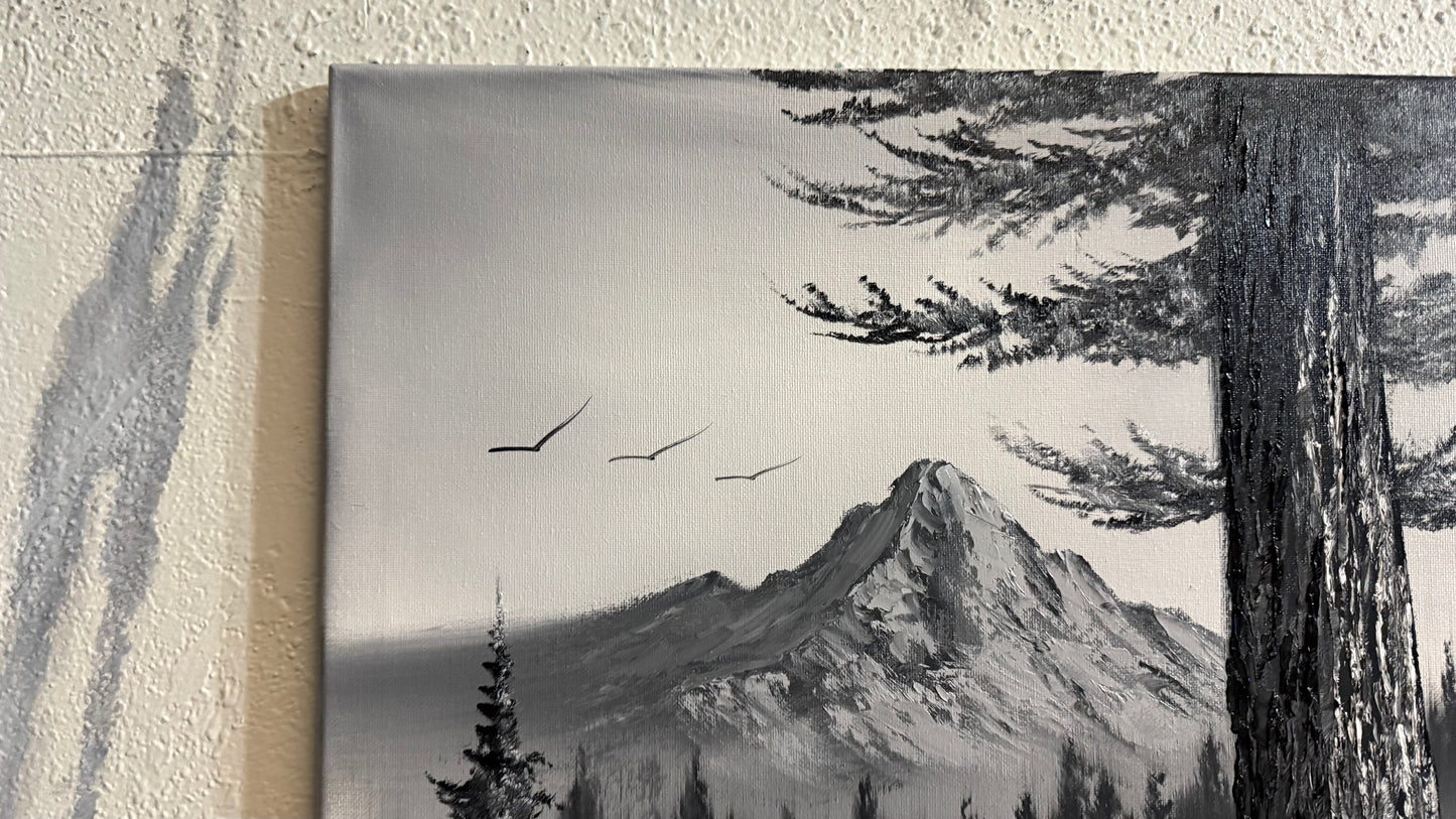 Painting #2316 - 18x24" Canvas - Black and White Winter Landscape painted 3-5-26