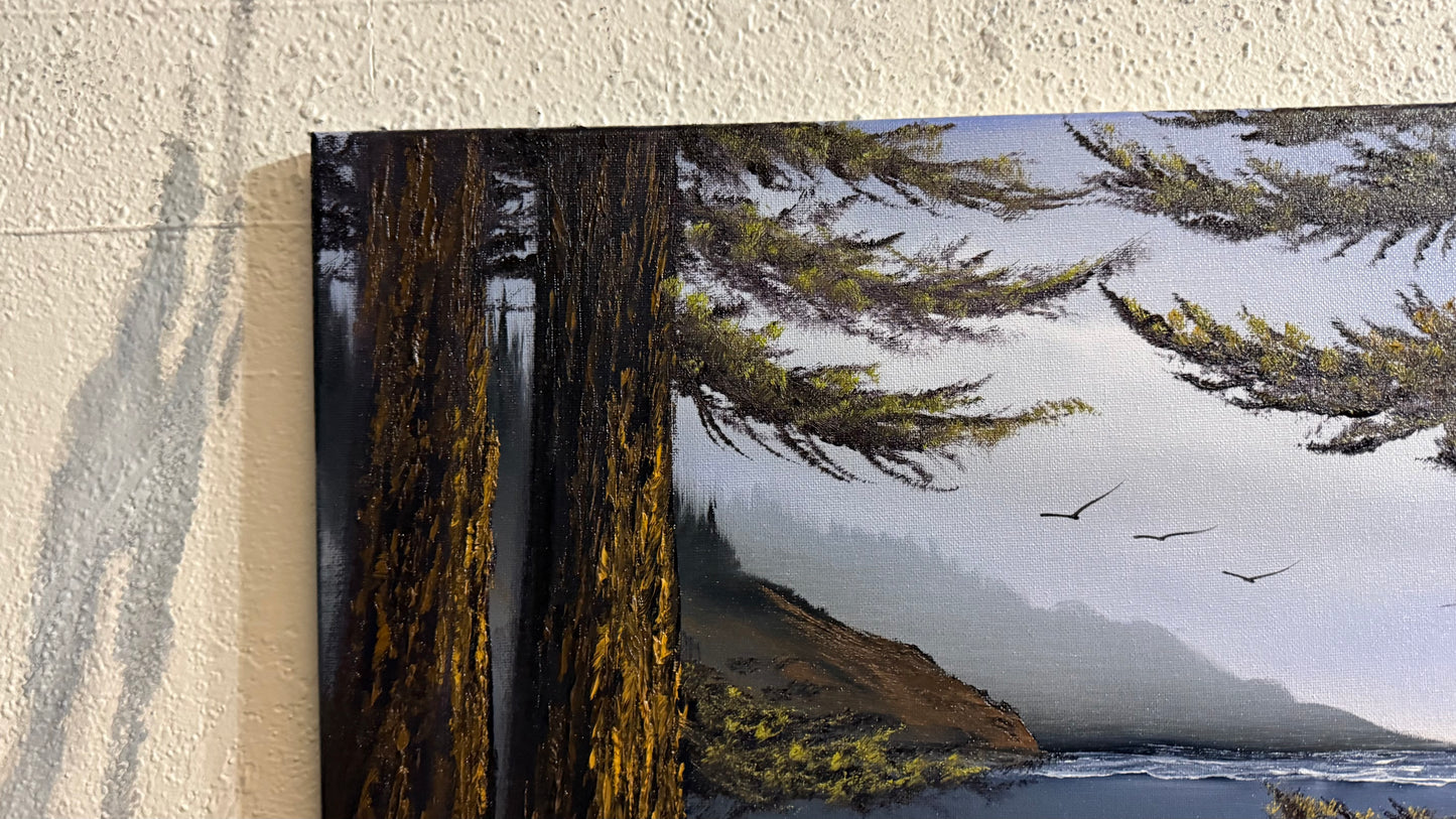 Painting #2323 - 18x24" Canvas - Oregon Coast Seascape With Ponderosa Pines painted 3-7-26