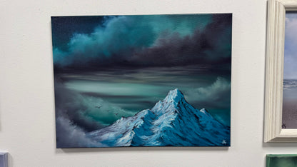 Painting #2599 - 18x24" Black Canvas - Dramatic Blue Mountain Landscape painted 9-13-26