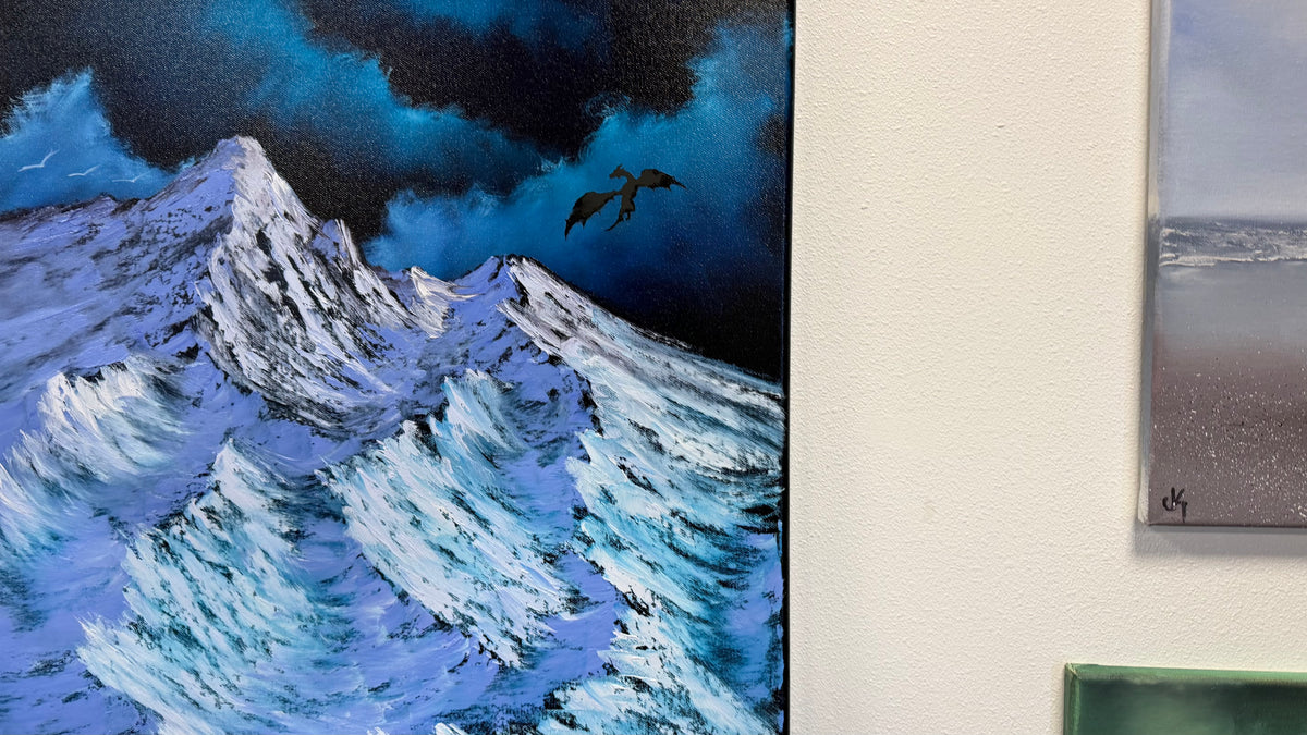 Painting #2578 - 22x28" Canvas - Dramatic Mountain Landscape with Dragon silhouette painted 9-3-26