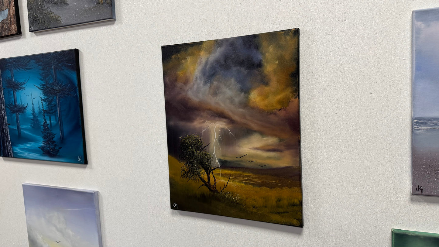 Painting #2589 - 16x20" Framed Canvas - Lightning Thunderstorm Landscape painted 9-7-26