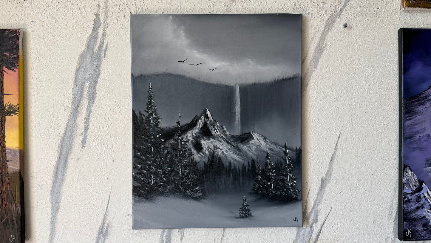 Painting #2488 - 16x20" Canvas - Black and White Mountain Waterfall painted 6-15-26