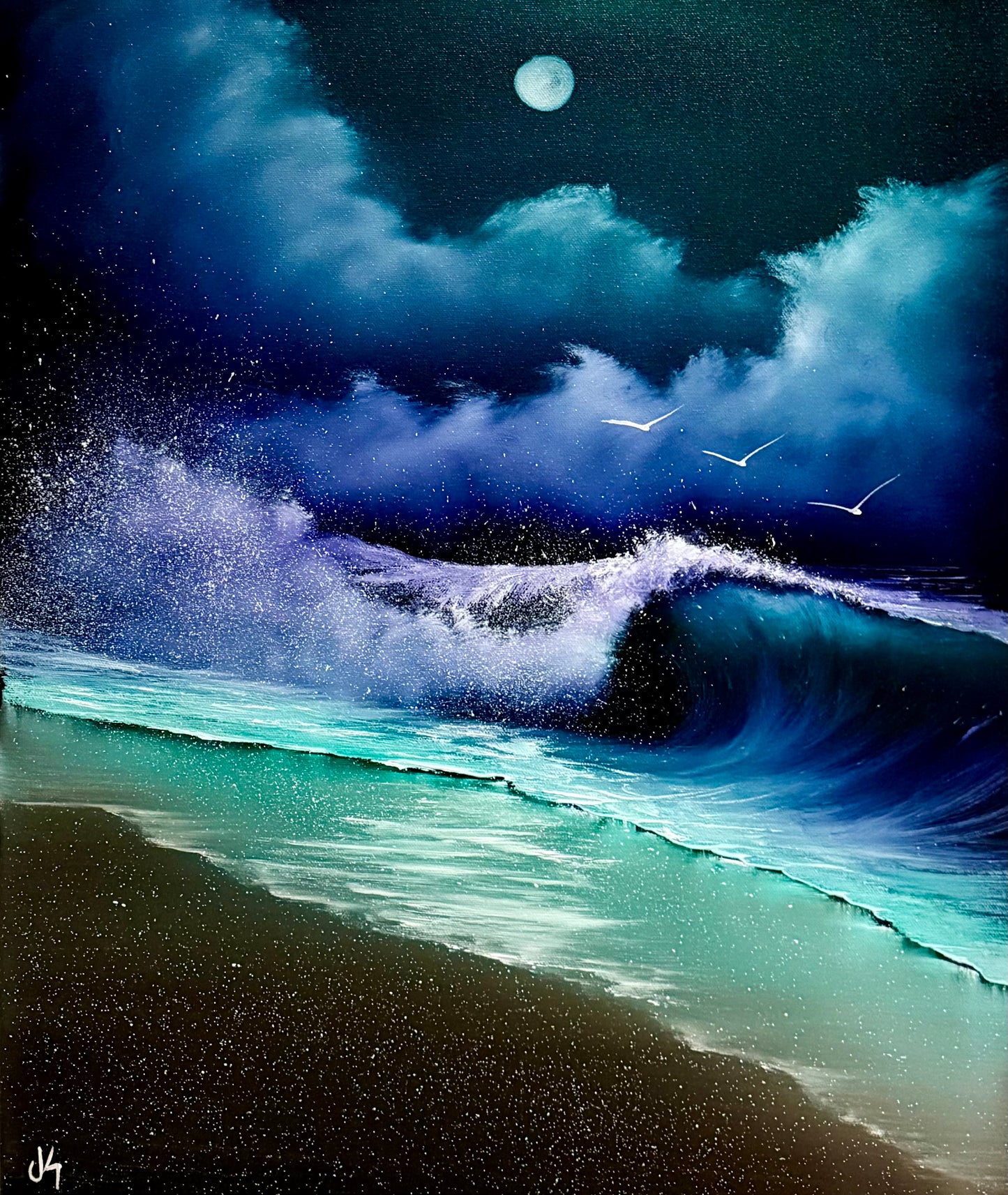 Painting #2170 - 20x24" Pro Series Canvas - Full Moon Seascape painted 12-4-25