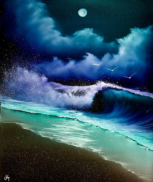 Painting #2170 - 20x24" Pro Series Canvas - Full Moon Seascape painted 12-4-25