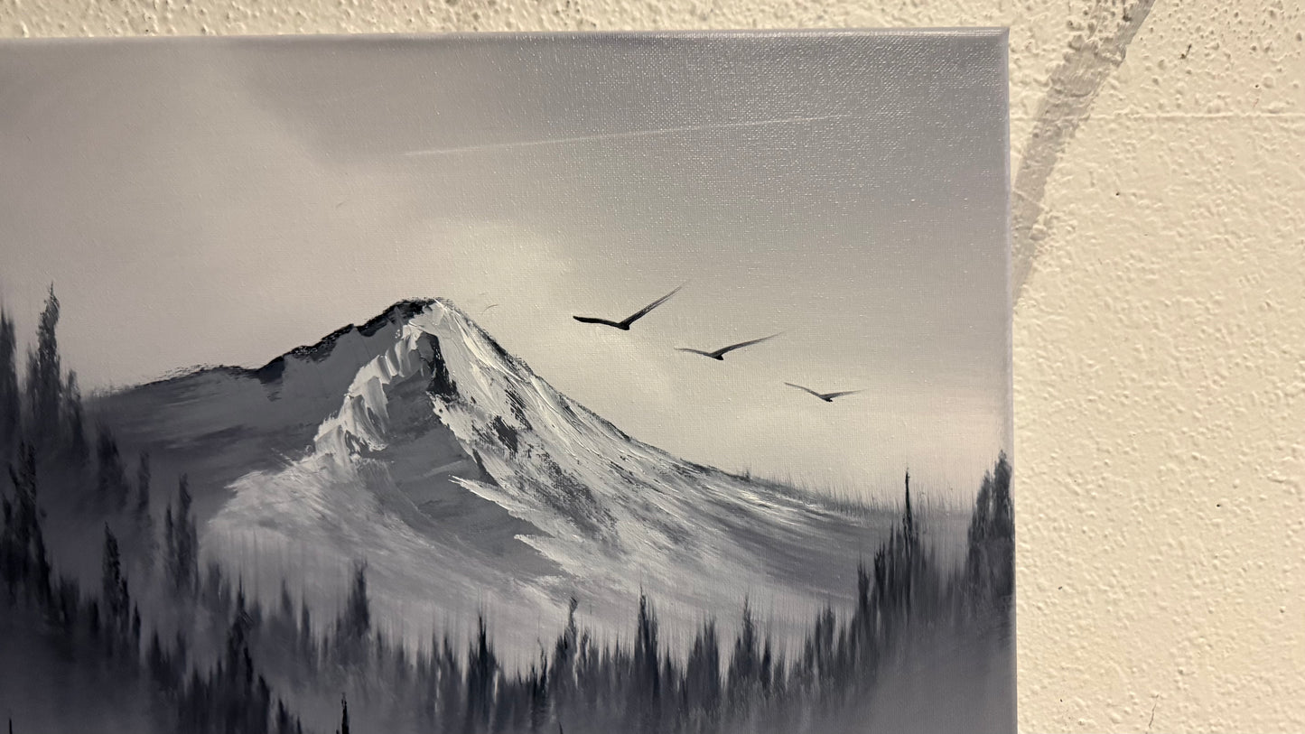 Painting #2149 - 16x20" Canvas - Black and White Mt Hood Landscape painted 11-16-25