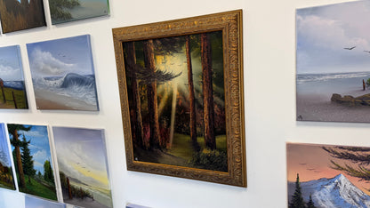 Painting #2521 - 20x24" Gold Framed Canvas - Sunset Forest Landscape painted 7-20-26