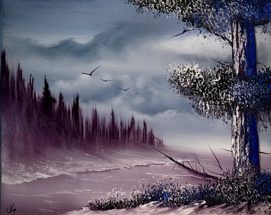 Painting #2092 - 16x20" Canvas - Cloudy Winter Landscape painted 10-9-25