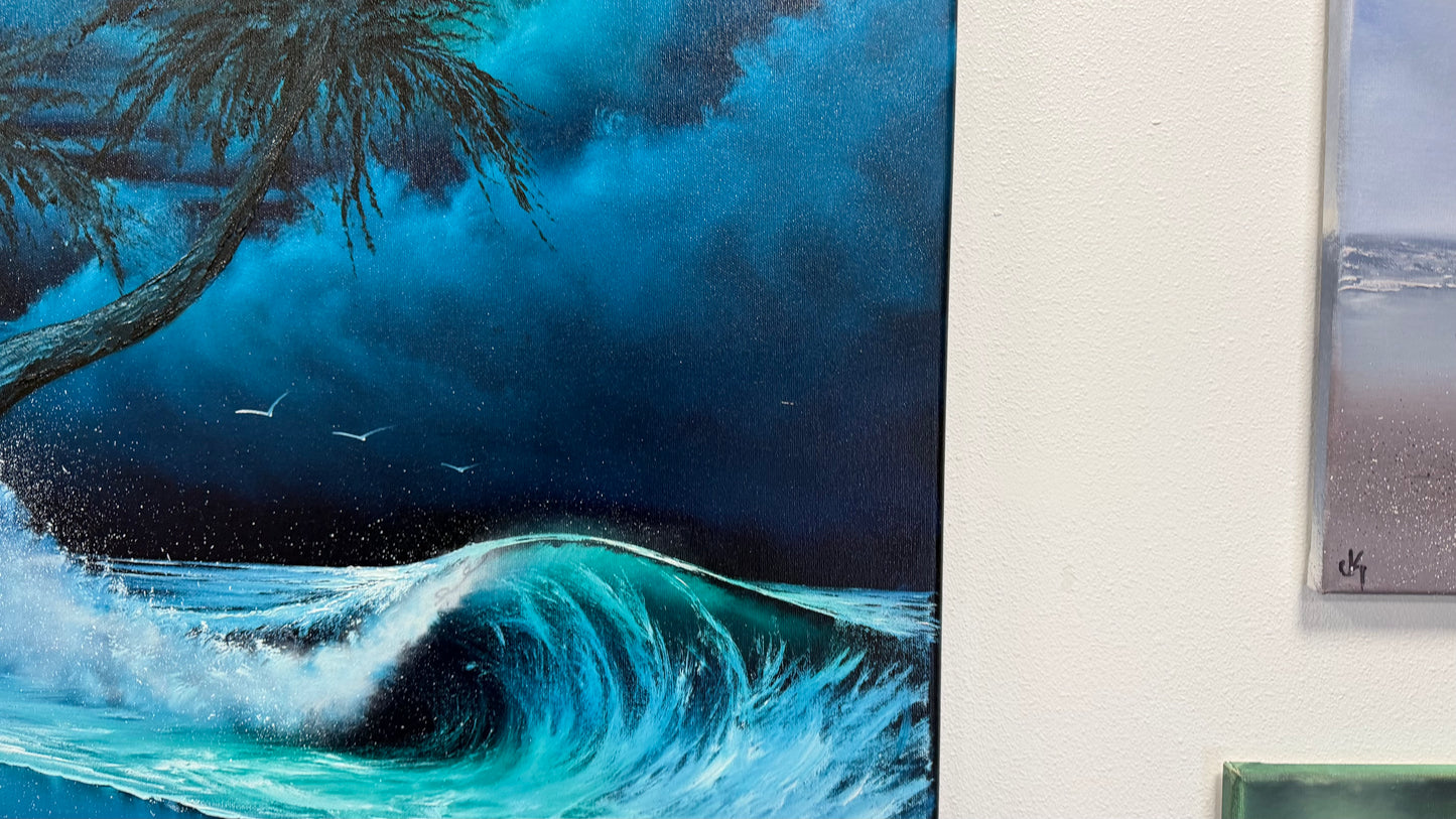 Painting #2570 - 22x28" Canvas - Cloud Stairway Crashing Wave Palm Tree Seascape painted on 8-28-26