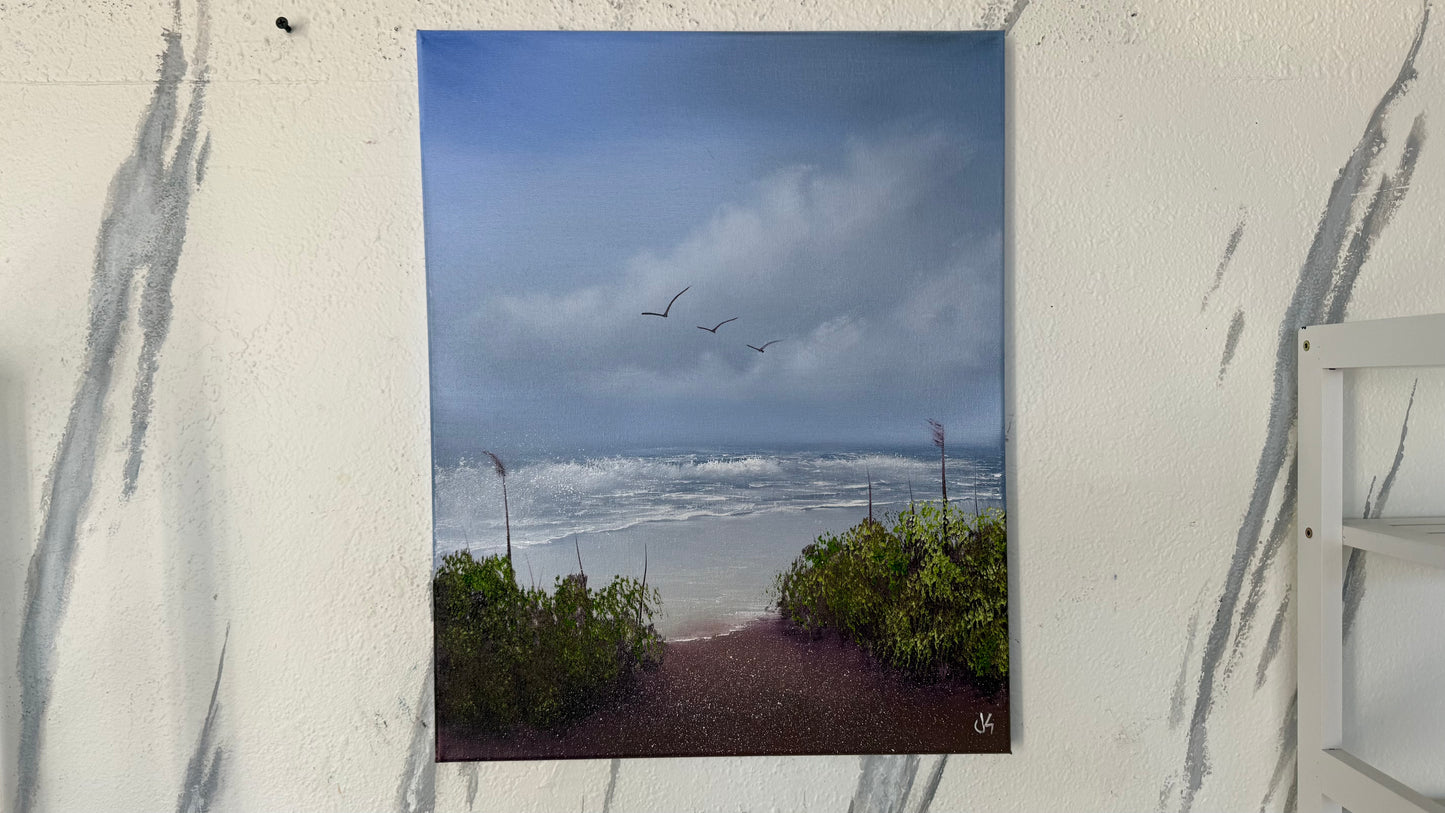 Painting #2104 - 16x20" Canvas - Cattails Seascape painted 10-15-25