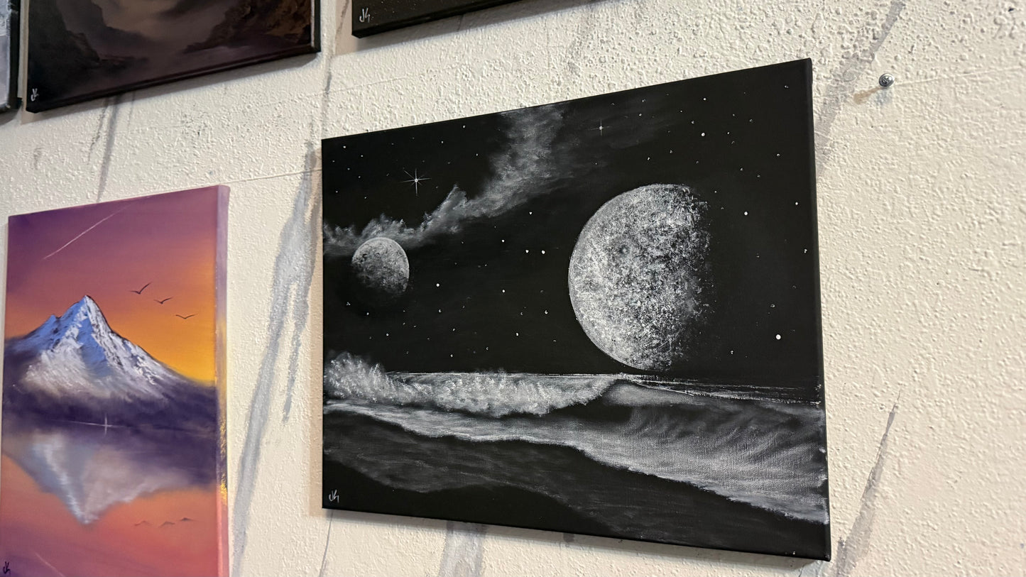 Painting #2248 - 16x20" Canvas - Black and White Galactic Seascape painted 1-20-26