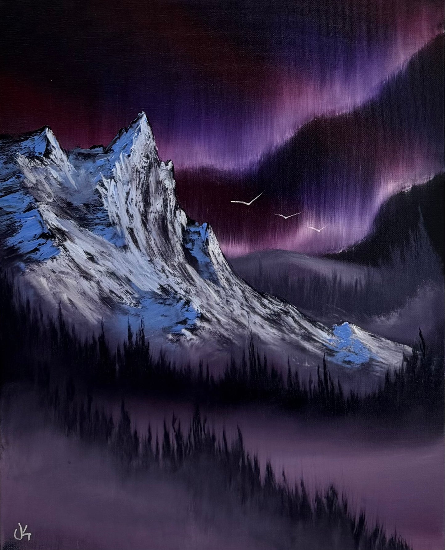 Painting #2559 - 16x20" Canvas - Northern Lights Mountain Landscape painted 8-21-26