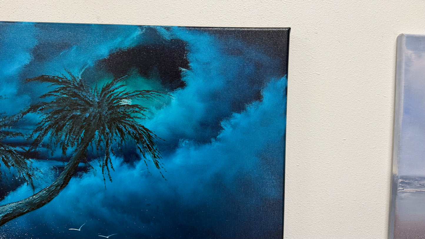 Painting #2570 - 22x28" Canvas - Cloud Stairway Crashing Wave Palm Tree Seascape painted on 8-28-26