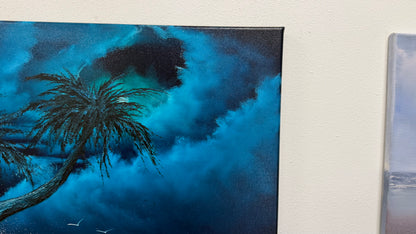 Painting #2570 - 22x28" Canvas - Cloud Stairway Crashing Wave Palm Tree Seascape painted on 8-28-26