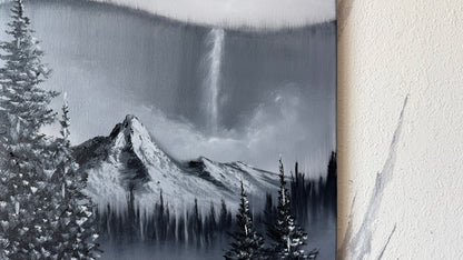 Painting #2489 - 18x24" Canvas - Black and White Mountain Waterfall painted 6-15-26
