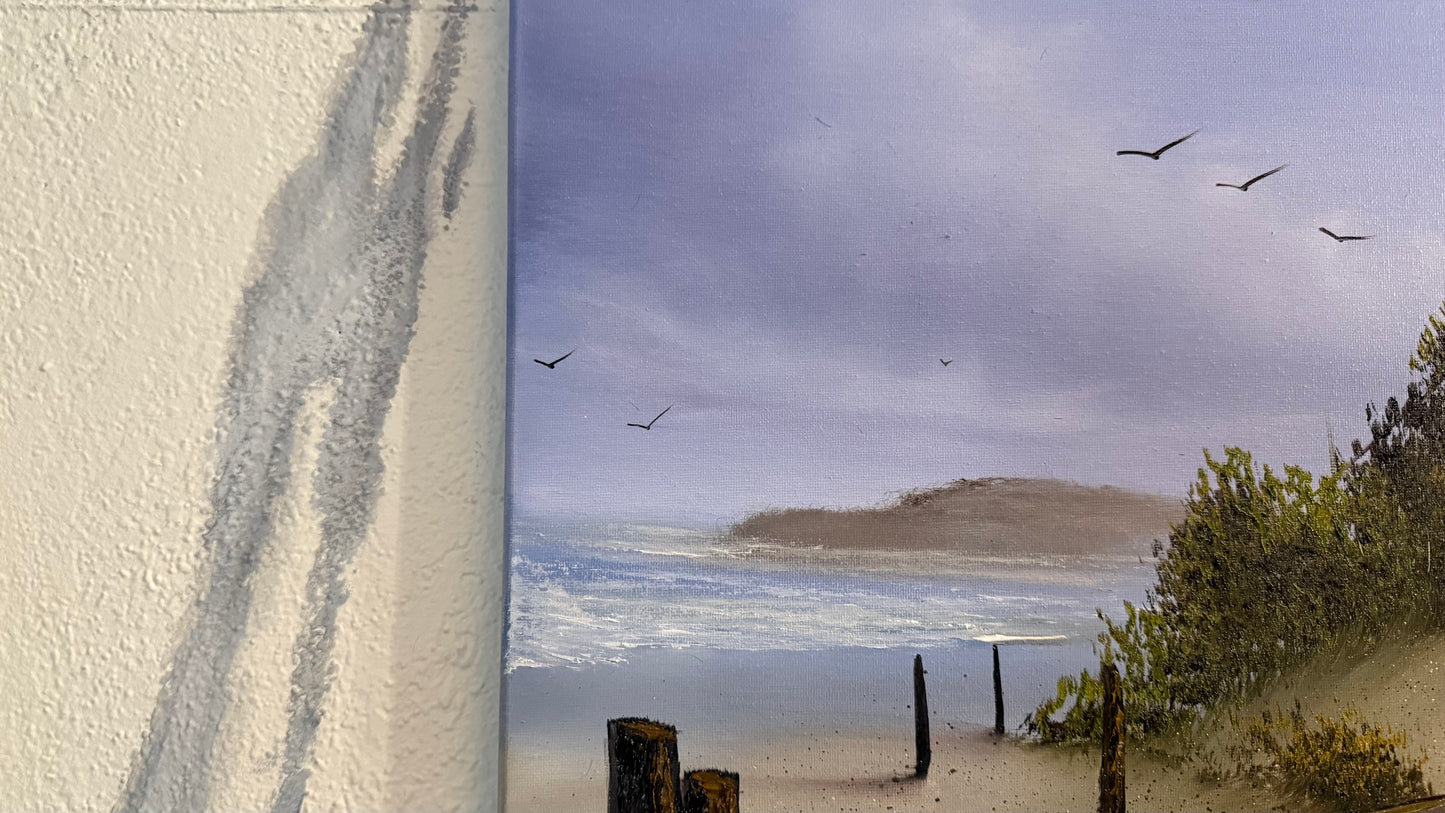 Painting #2423 - 16x20" Canvas - Kite Flying Seascape with Old Row Boat painted 5-2-26