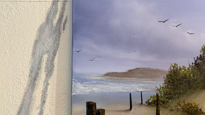 Painting #2423 - 16x20" Canvas - Kite Flying Seascape with Old Row Boat painted 5-2-26