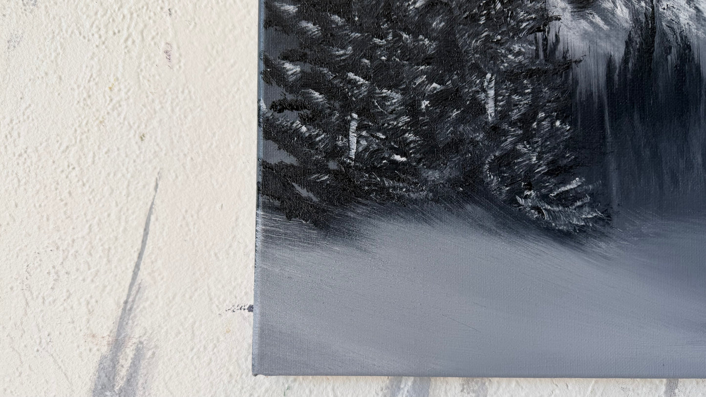 Painting #2488 - 16x20" Canvas - Black and White Mountain Waterfall painted 6-15-26