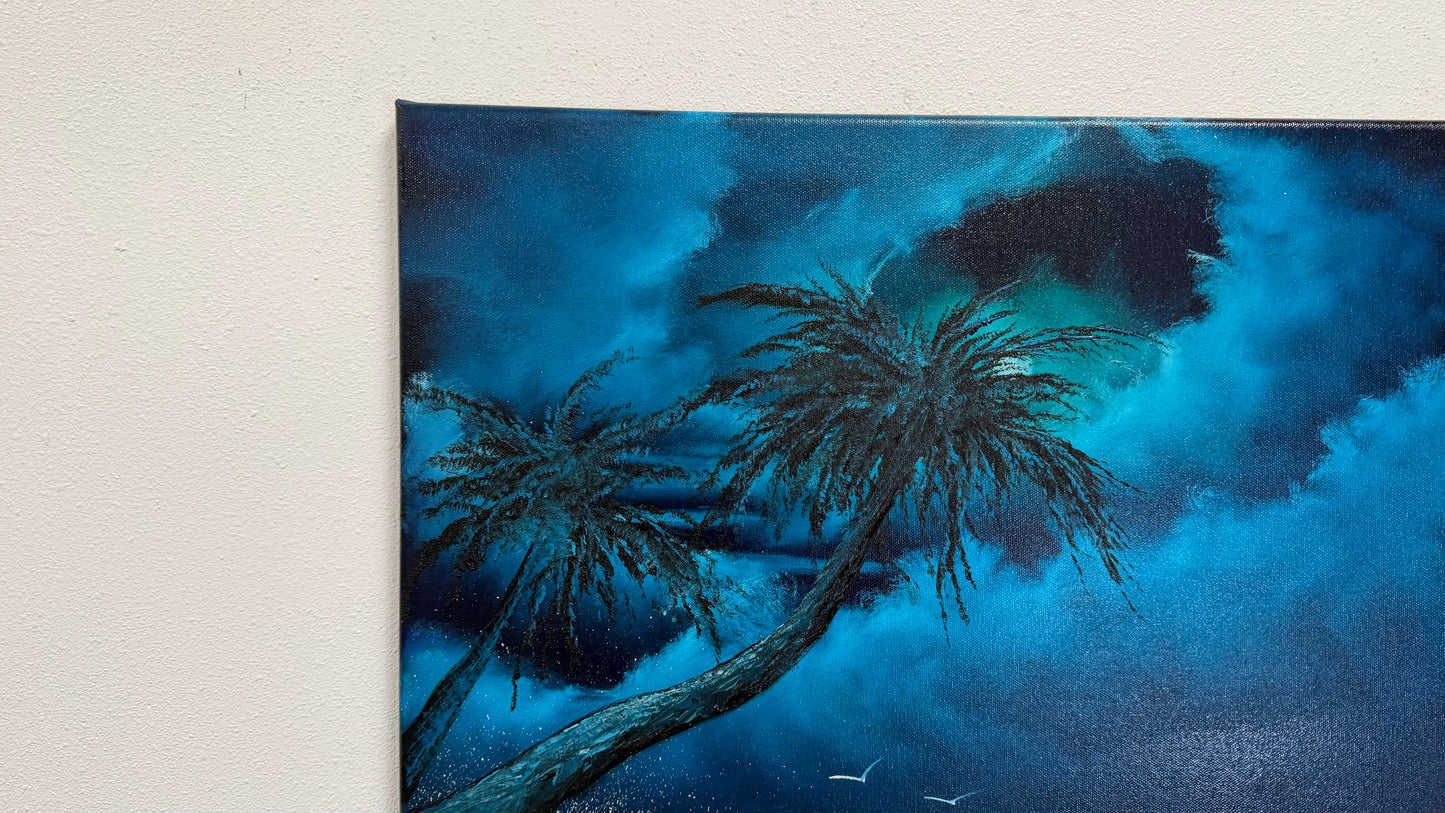 Painting #2570 - 22x28" Canvas - Cloud Stairway Crashing Wave Palm Tree Seascape painted on 8-28-26