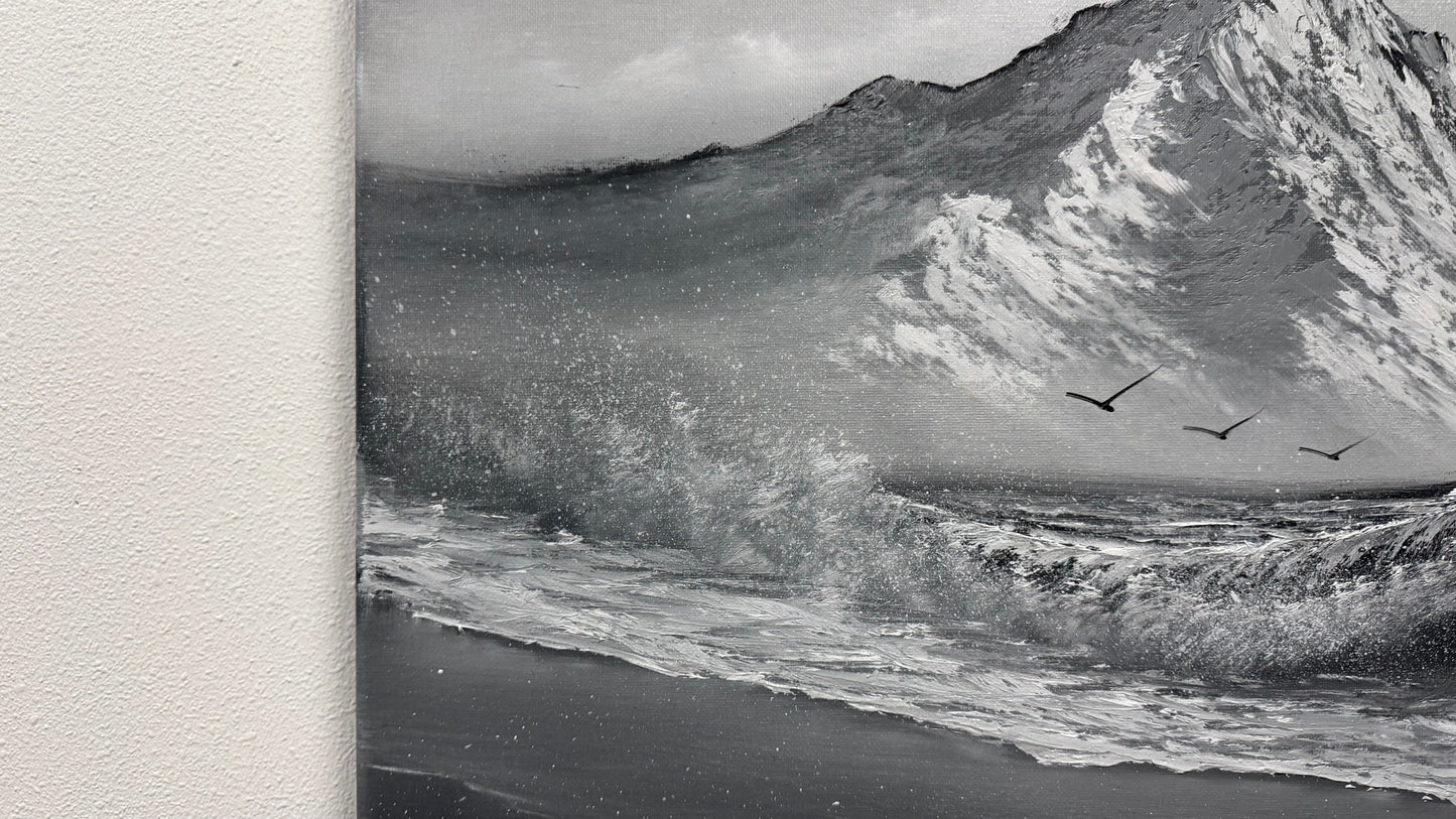 Painting #2536 - 20x24" Canvas - Black and White Mountain Seascape painted 7-31-26