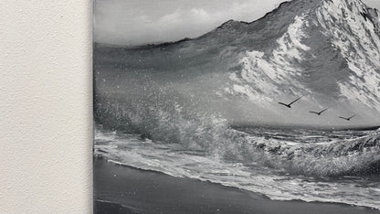 Painting #2536 - 20x24" Canvas - Black and White Mountain Seascape painted 7-31-26