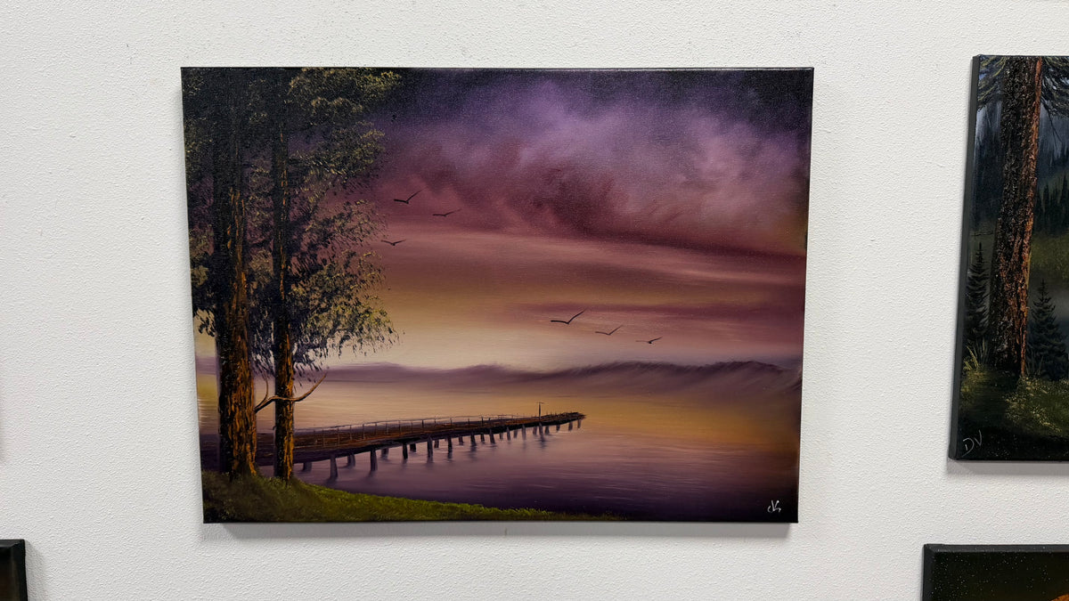 Painting #2657 - 18x24" Canvas - Sunset Lake Dock Landscape painted 10-19-26