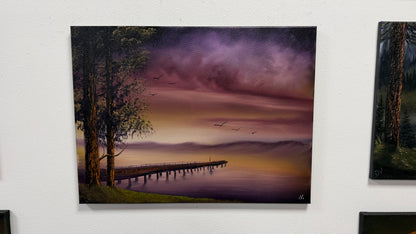Painting #2657 - 18x24" Canvas - Sunset Lake Dock Landscape painted 10-19-26