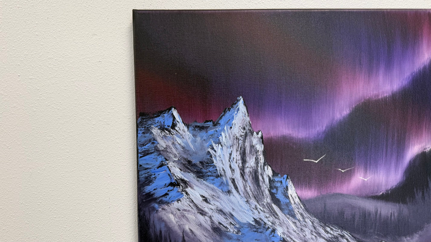 Painting #2559 - 16x20" Canvas - Northern Lights Mountain Landscape painted 8-21-26