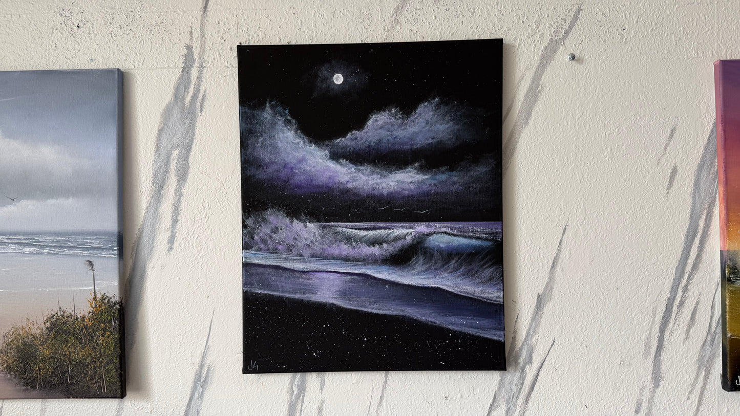 Painting #2318 - 16x20" Canvas - Acrylic Night Seascape painted 3-6-26