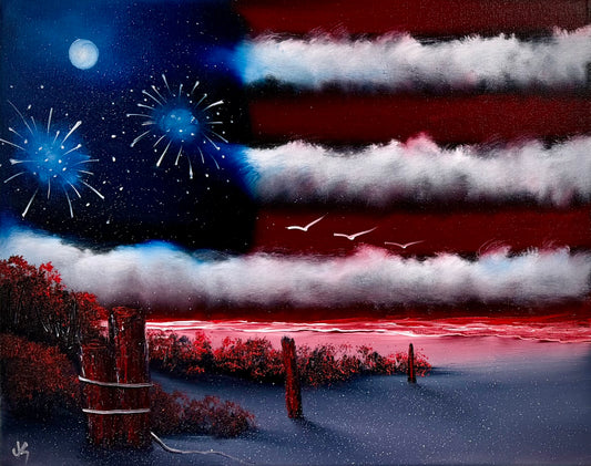 Painting #2504 - 16x20" Canvas - American Flag Seascape painted 7-5-26