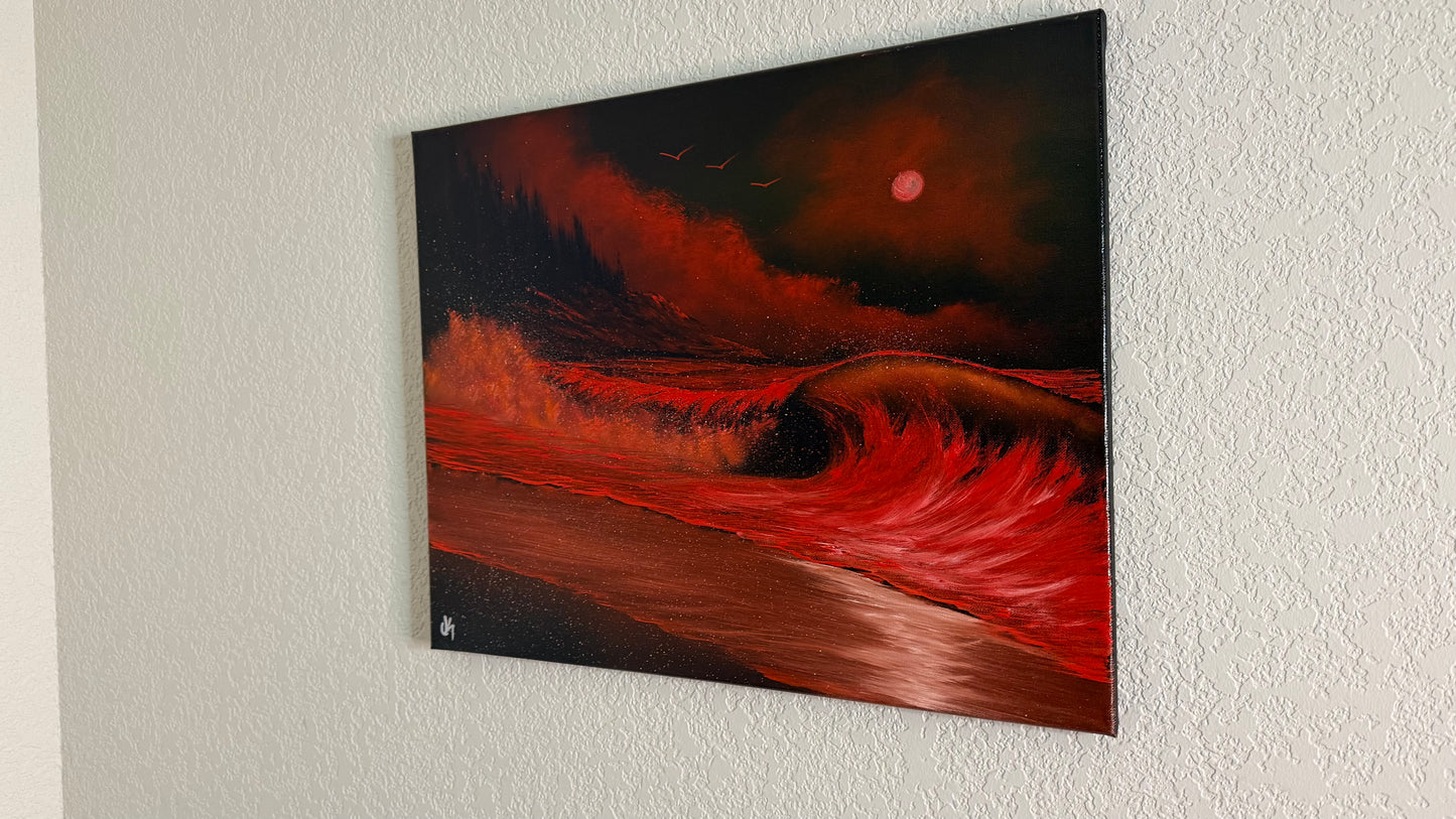 Painting #2510 - 16x20" Canvas - Red West Coast Crashing Wave Seascape painted 7-10-26