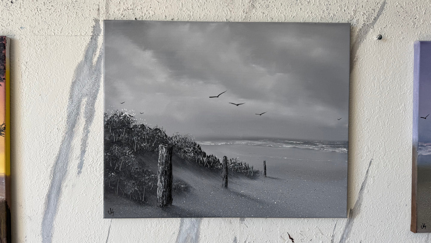 Painting #2449 - 16x20" Canvas - Black and White Seascape painted 5-21-26