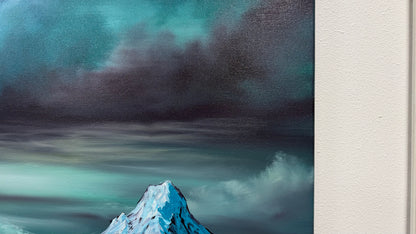 Painting #2599 - 18x24" Black Canvas - Dramatic Blue Mountain Landscape painted 9-13-26