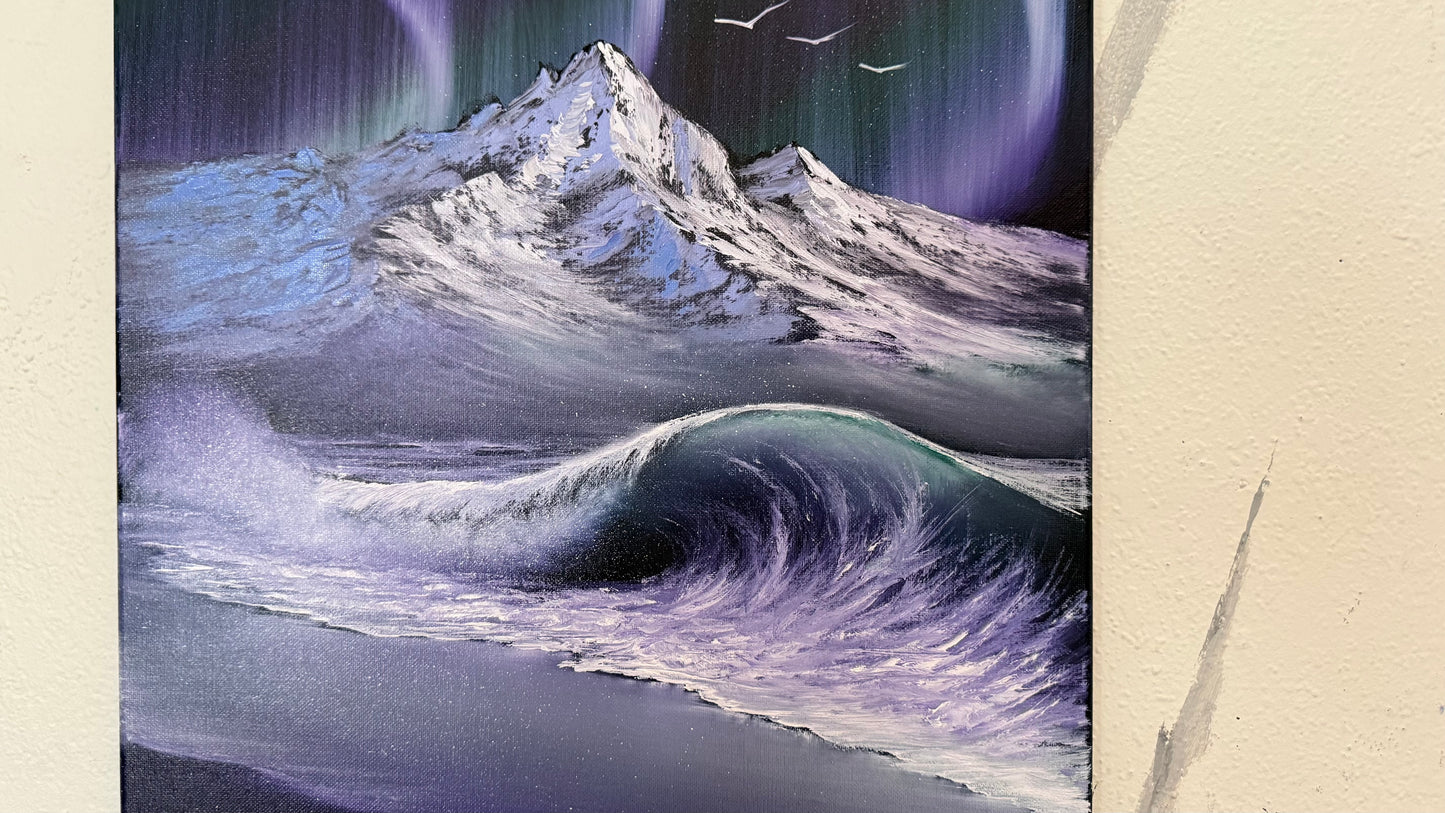 Painting #2403 - 16x20" Canvas - Aurora Mountain Seascape painted 4-21-26