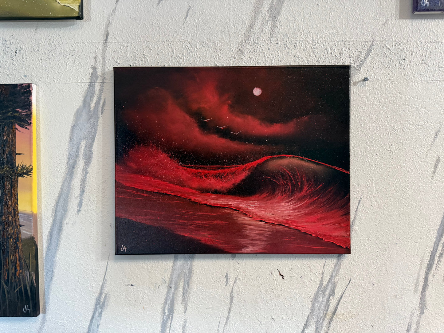 Painting #2392 - 16x20" Canvas - Blood Moon Seascape painted 4-16-26