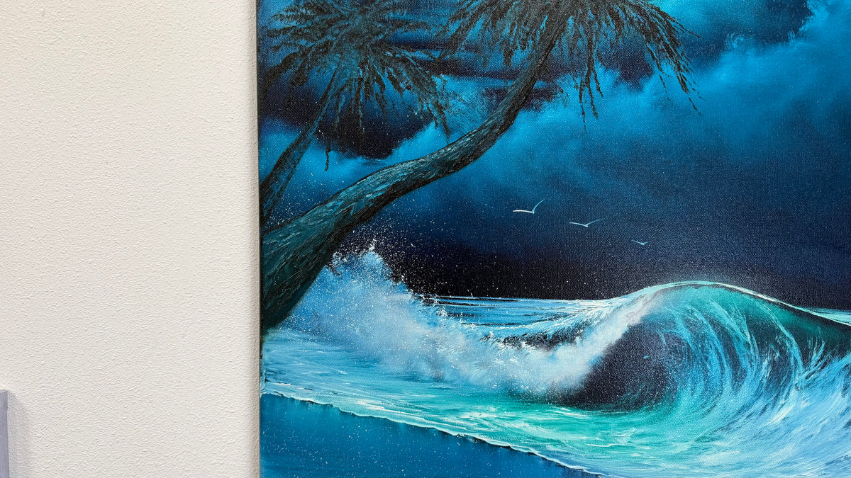 Painting #2570 - 22x28" Canvas - Cloud Stairway Crashing Wave Palm Tree Seascape painted on 8-28-26