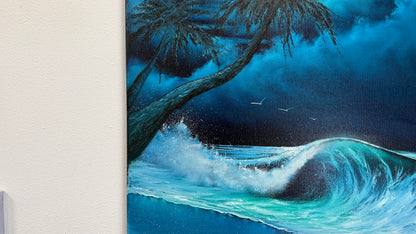 Painting #2570 - 22x28" Canvas - Cloud Stairway Crashing Wave Palm Tree Seascape painted on 8-28-26