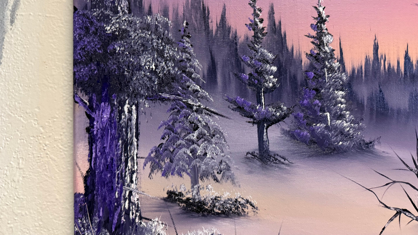 Painting #2184 - 16x20" Canvas - Sunset Winter Landscape painted 12-12-25