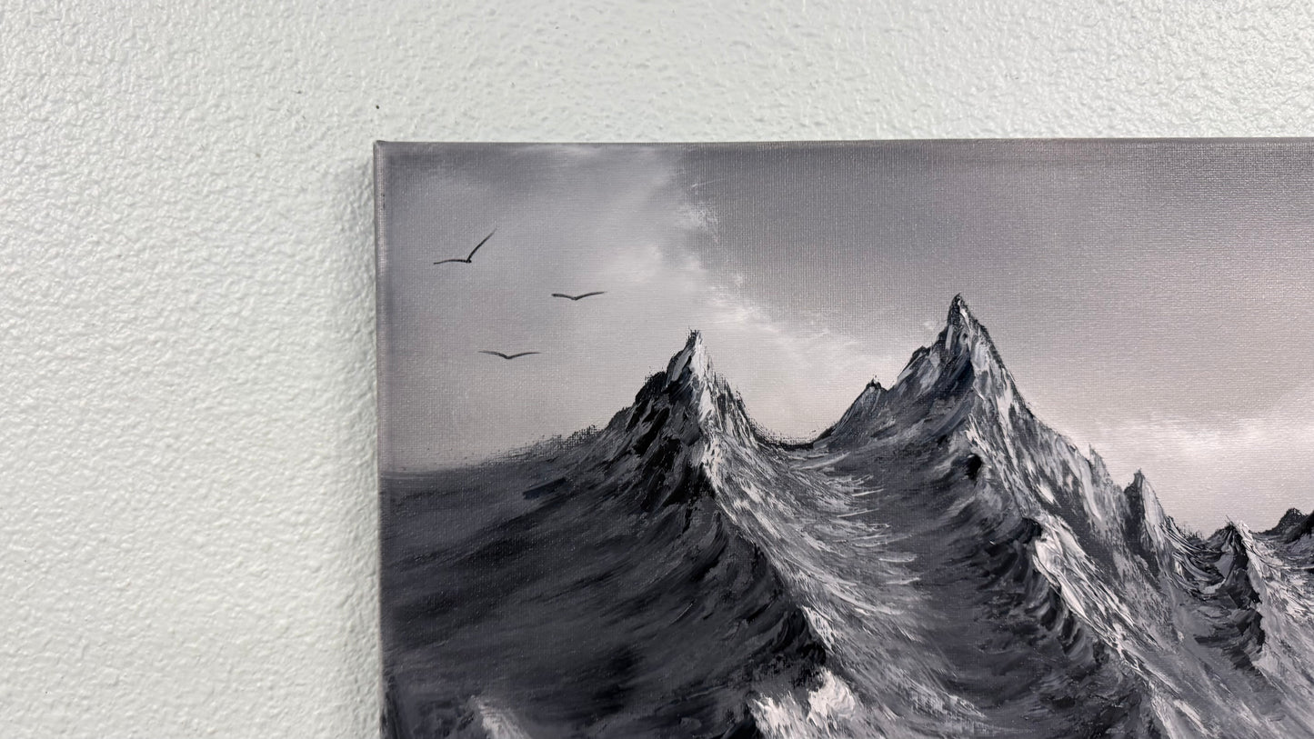 Painting #2563 - 16x20" Canvas - Black and White Mountain Landscape painted 8-23-26