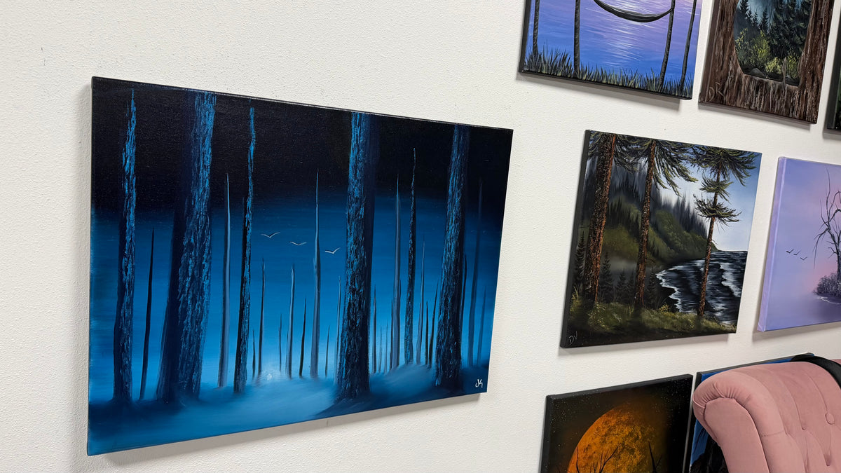 Painting #2647 - 18x24" Canvas - Blue Foggy Forest painted 10-12-26