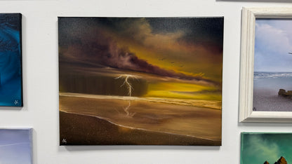 Painting #2597 - 22x28" Black Canvas - Dramatic Sunset Seascape painted 9-12-26