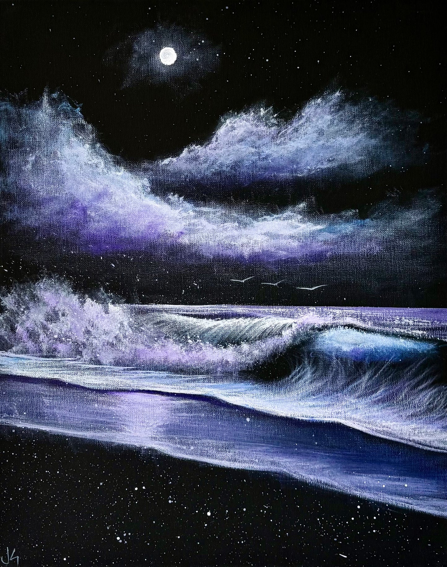 Painting #2318 - 16x20" Canvas - Acrylic Night Seascape painted 3-6-26