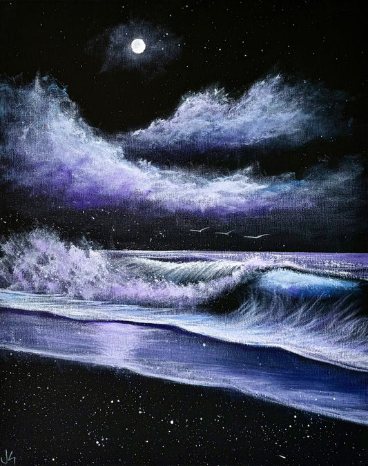 Painting #2318 - 16x20" Canvas - Acrylic Night Seascape painted 3-6-26