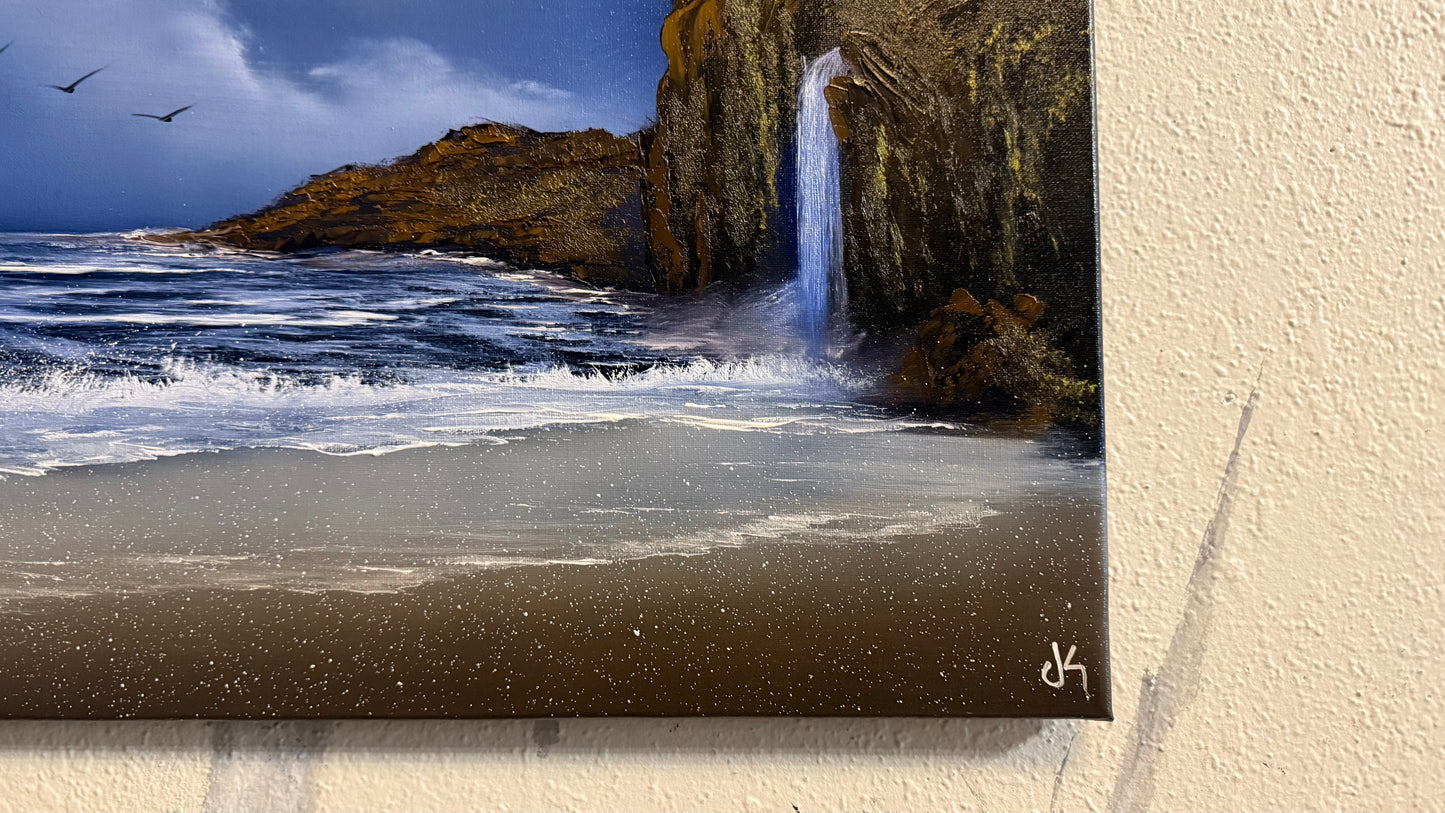 Painting #2237 - 16x20" Canvas - Coastal Waterfall Seascape painted 1-15-26