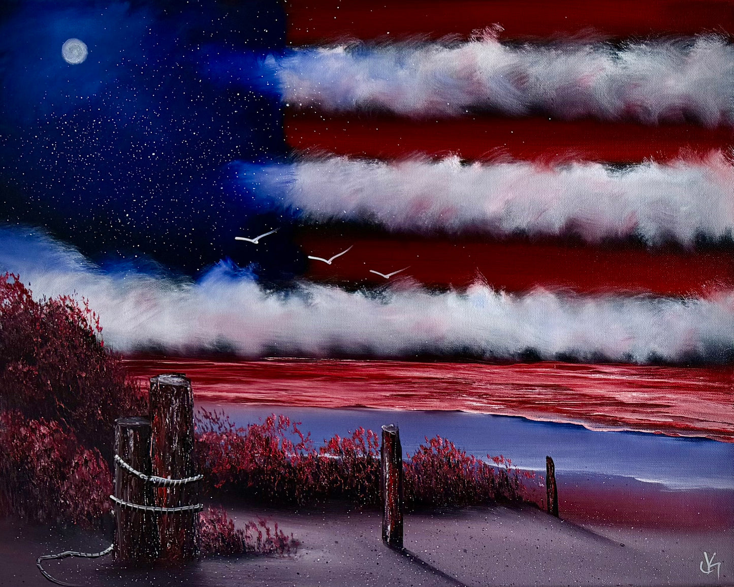 Painting #2501 - 16x20" Canvas - American Flag Seascape painted 7-3-26